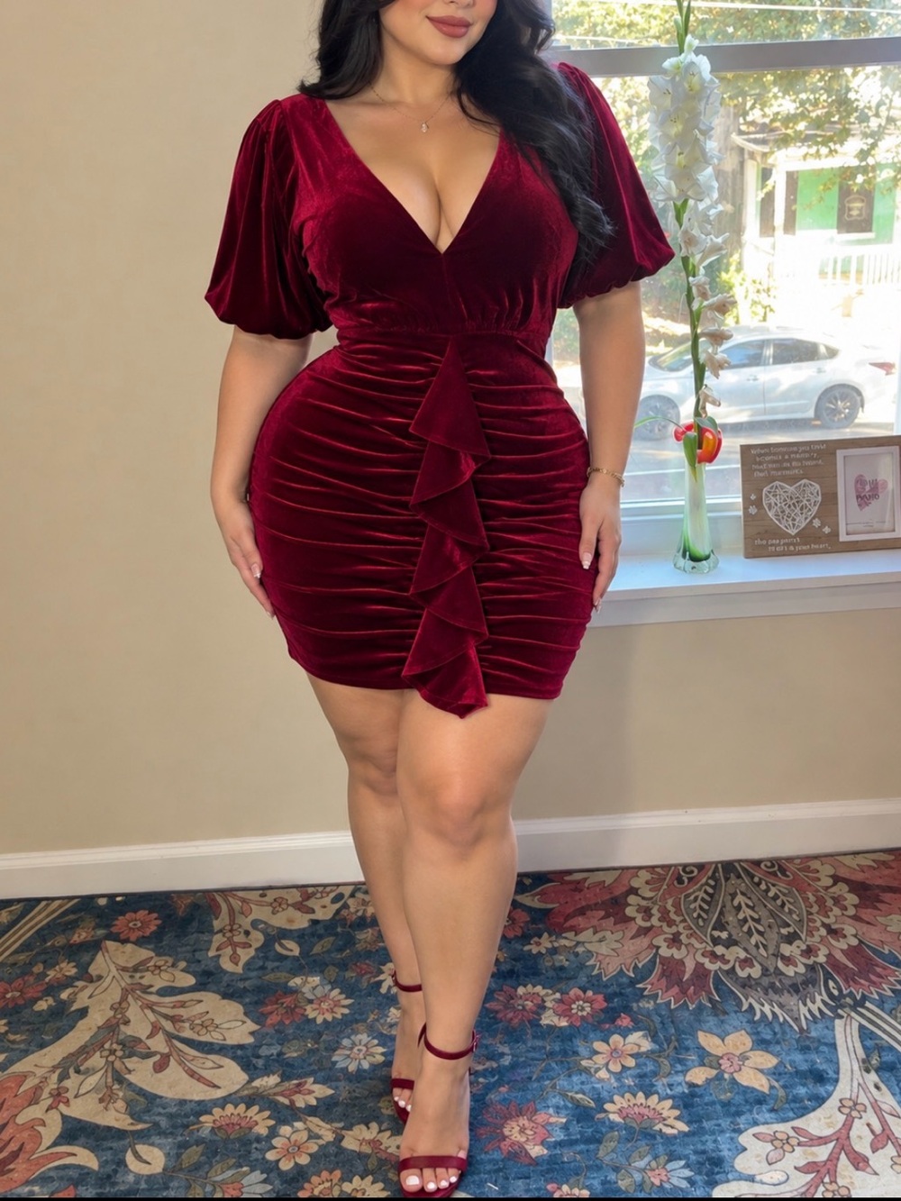 BCBGMaxAzria Burgundy Velvet Ruffle-Front V-Neck Mini Dress
